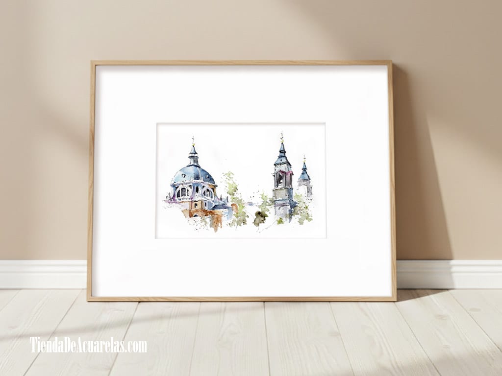 Acuarela Original dibujo urbano Catedral de la Almudena pintada a mano con tinta y acuarelas sobre papel. Acuarela para decorar | @acuarelasporencargo